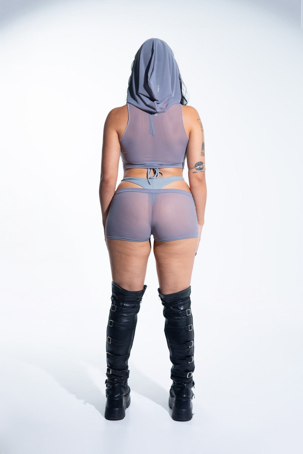 Hooded Crop Tank Top - Gray Mesh